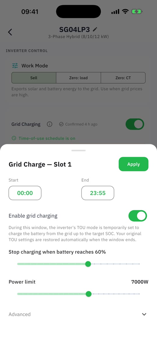 Inverter control: work mode, grid charging confirmed four hours ago, and a grid charge slot being configured