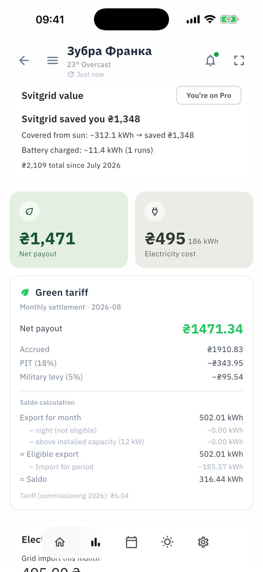 Green tariff settlement: net payout for the month with deductions and the export saldo