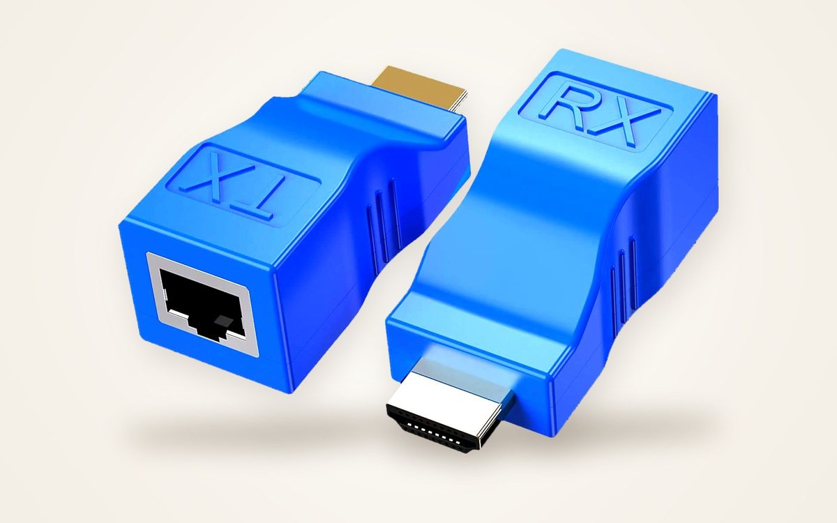 Перехідник HDMI → RJ-45: штекер HDMI з одного боку, гніздо RJ-45 з іншого