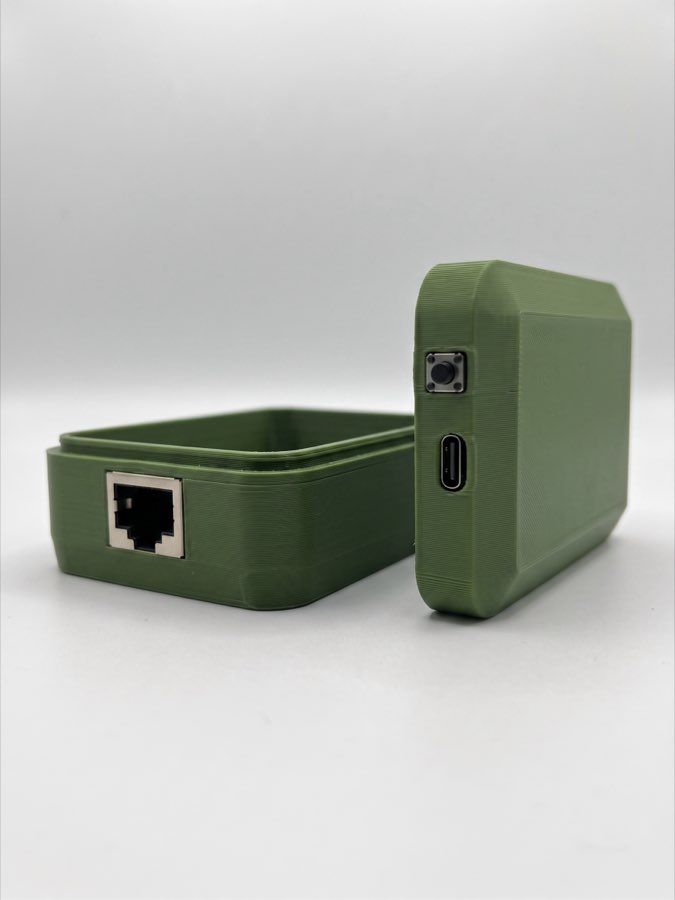 ED-1.1 enclosure showing the network-style socket on one end and USB-C on the other