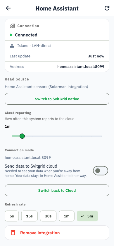 Mode local sur l’écran Home Assistant