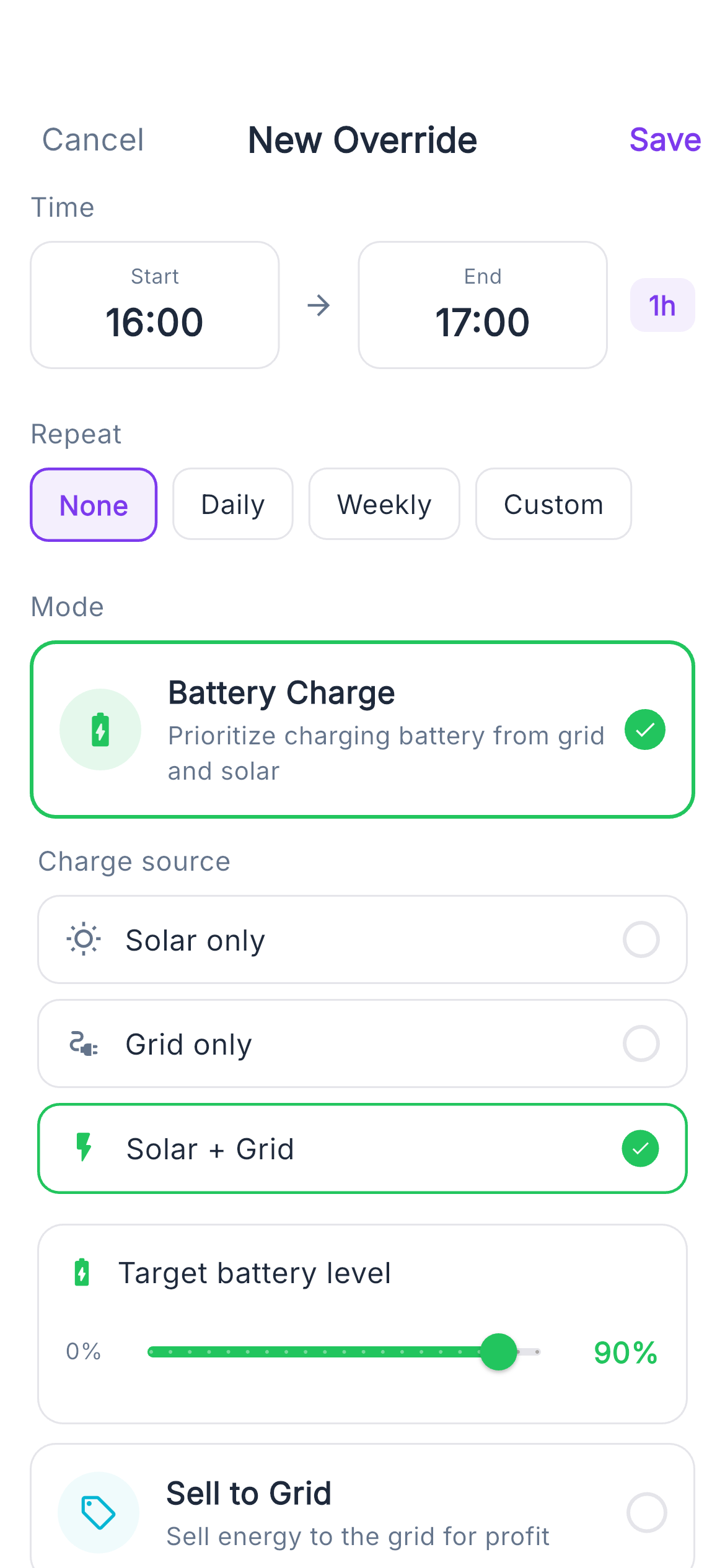 Battery override schedule