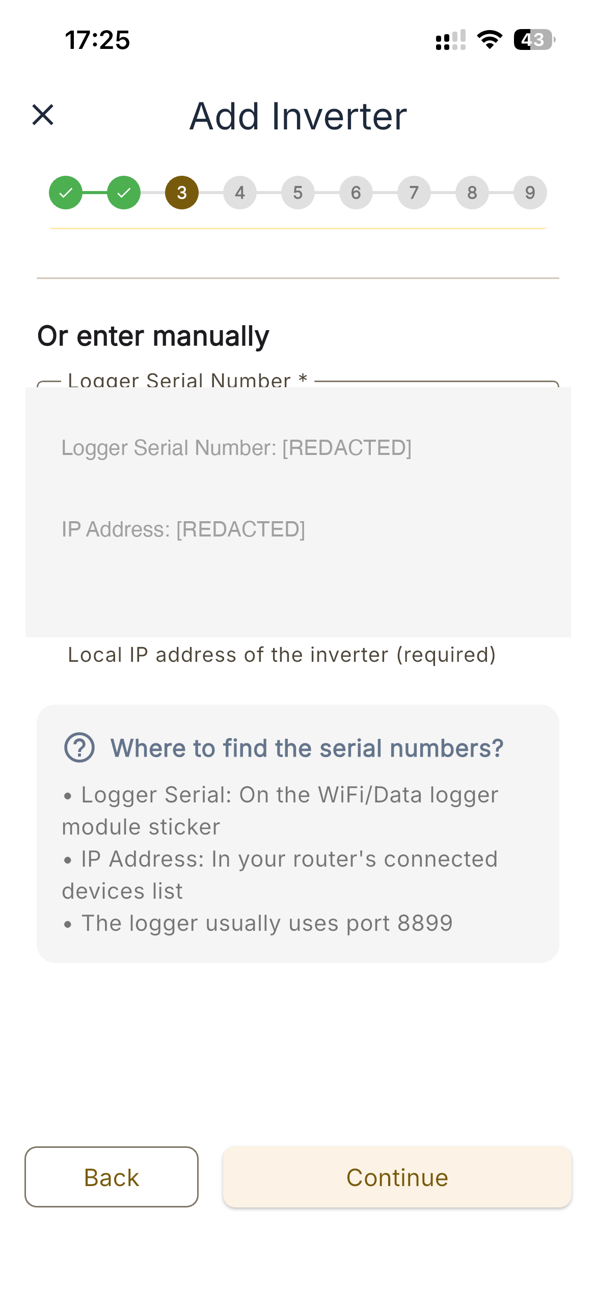 Manual entry of inverter details