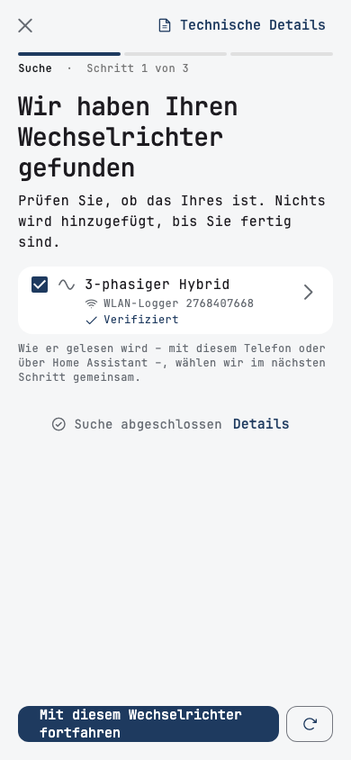 Suche: Die App zeigt den gefundenen Wechselrichter