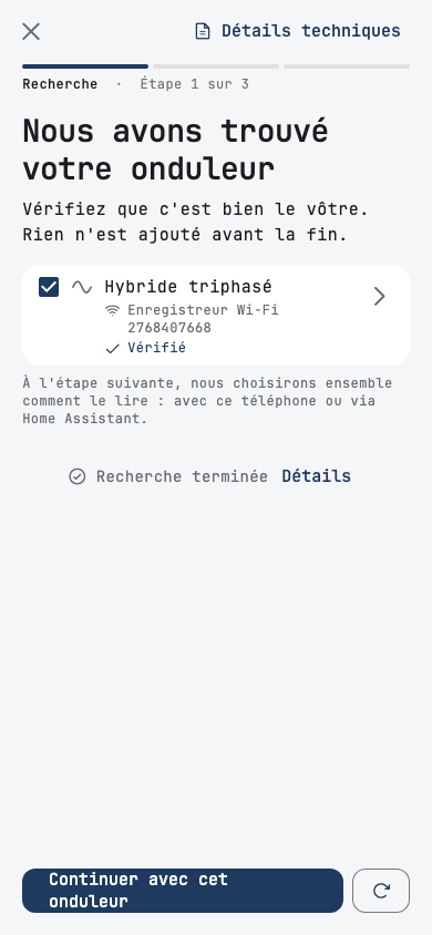 Recherche : l'application affiche l'onduleur trouvé