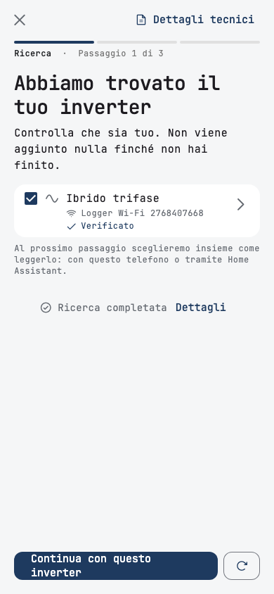 Ricerca: l'app mostra l'inverter trovato