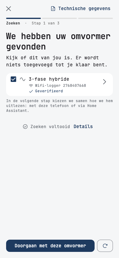 Zoeken: de app toont de gevonden omvormer