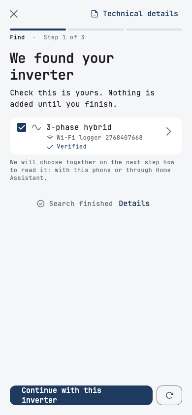 Find: the app lists the inverter it found