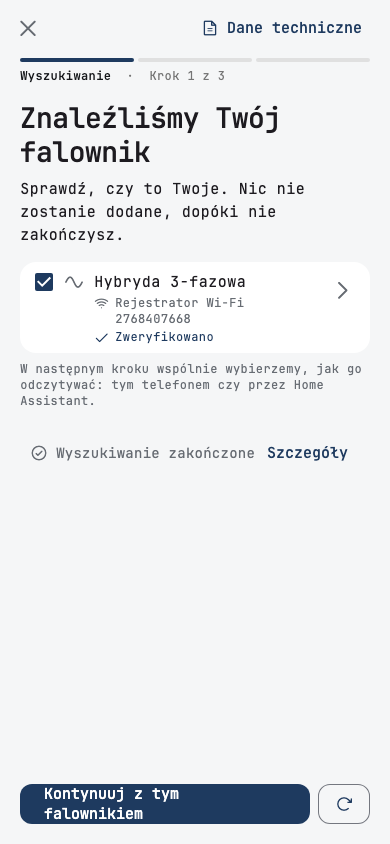 Wyszukiwanie: aplikacja pokazuje znaleziony falownik