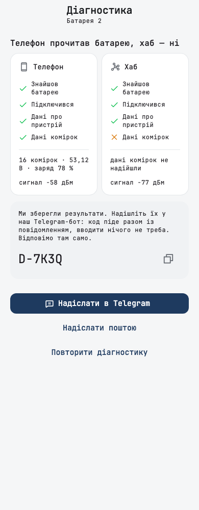 A diagnostic result: the phone read the battery, the hub did not