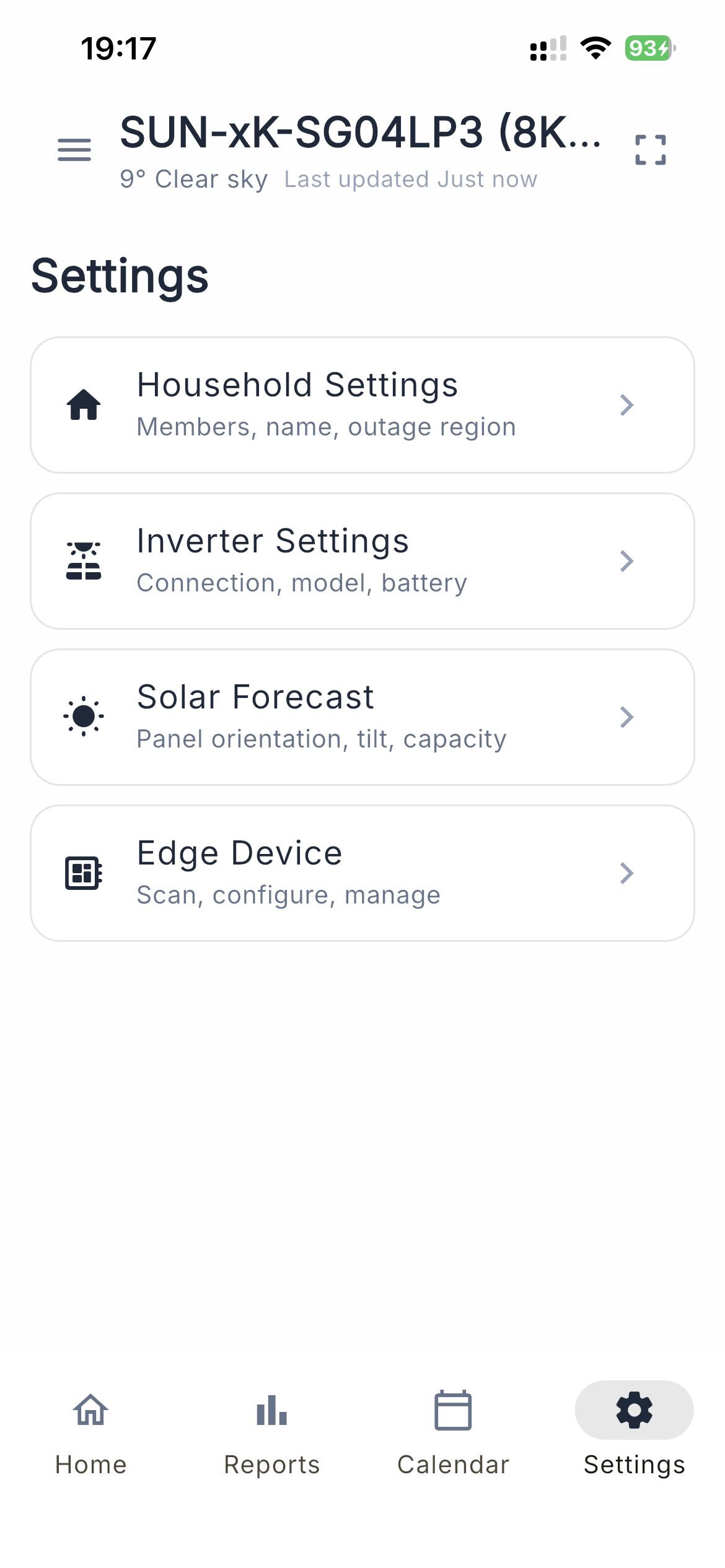 Settings screen